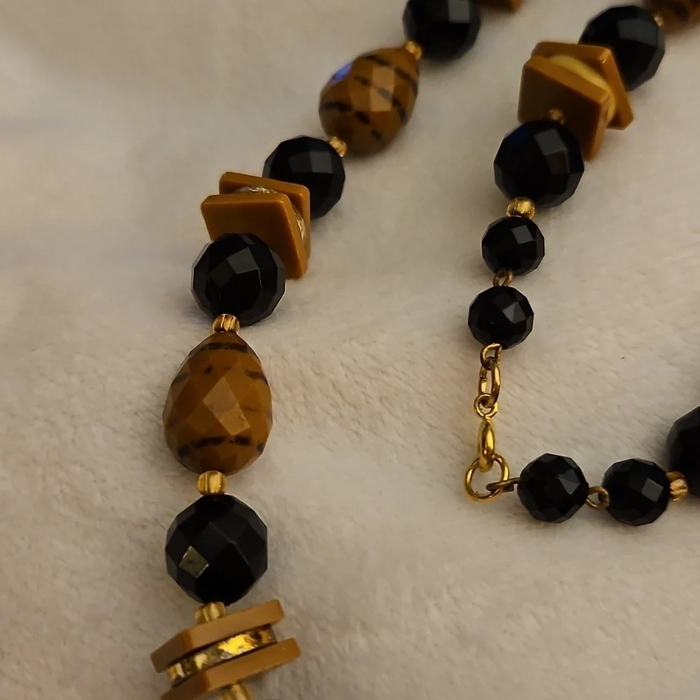 Vintage West Germany Black and Brown Plastic Faceted Beaded Necklace